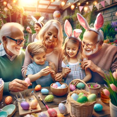 Family enjoying Easter crafts together, with grandparents, parents, and children decorating eggs.