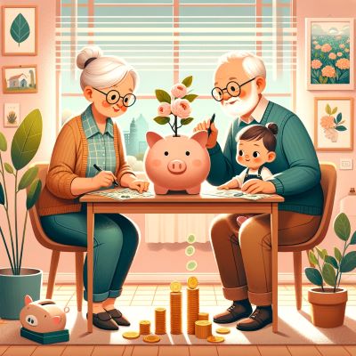 Grandparents giving financial gifts and planning for prosperity with their grandchild, symbolized by a piggy bank and plant