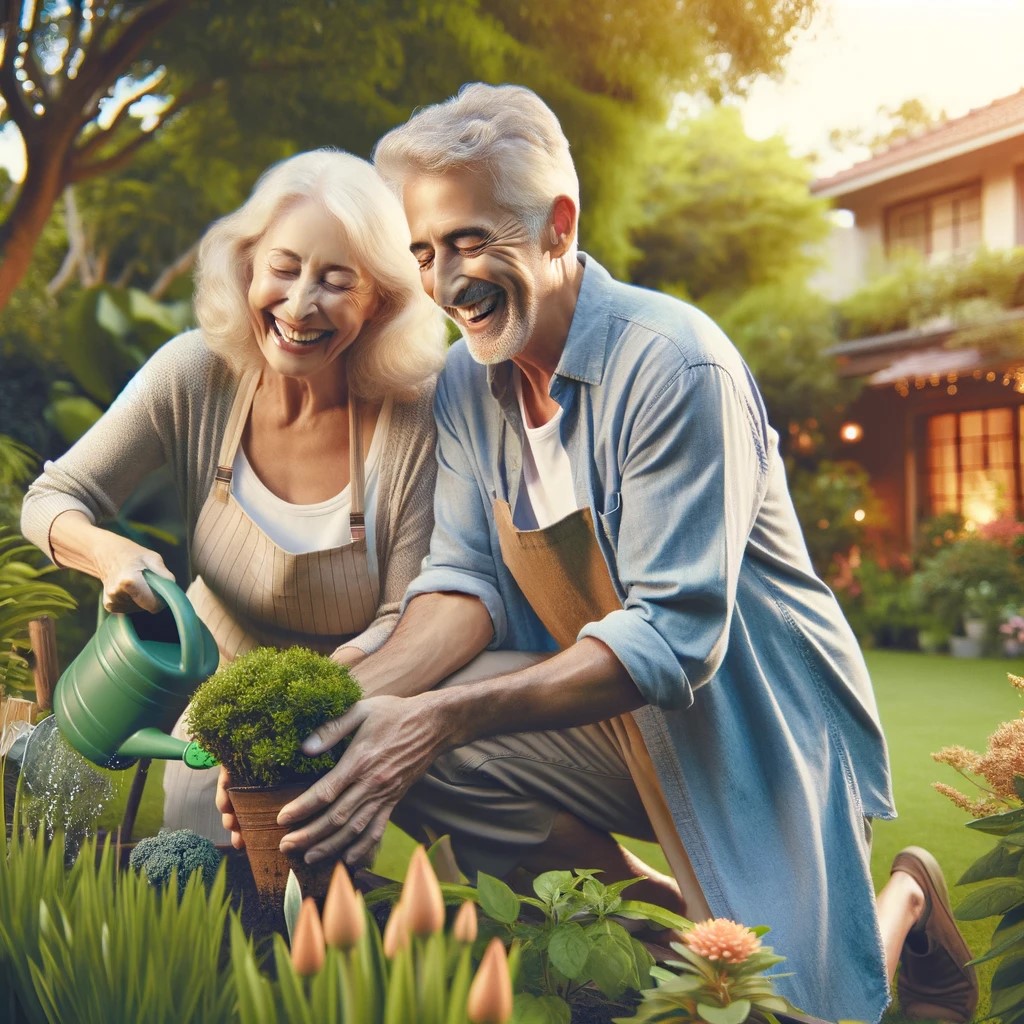 Mature couple in garden planning for estate protection