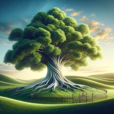 Ancient tree with deep roots and an iron fence, symbolizing family wealth protection and legacy.