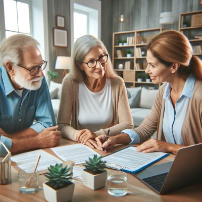 Elderly couple discussing Lasting Power of Attorney with a professional in a modern office.
