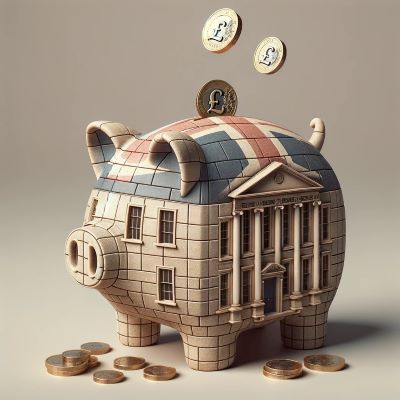 A piggy bank designed like a traditional British building, with several £ coins being inserted from above.