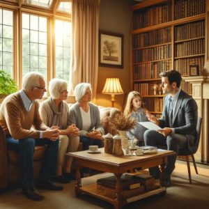 Family Discussing Estate Planning in a Cosy Living Room A multi-generational English family discussing estate planning in a cosy living room with a financial advisor.