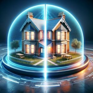 Conceptual illustration of a traditional English house split into two, each half protected by a glowing force field, symbolising Severance of Tenancy and legal protection.