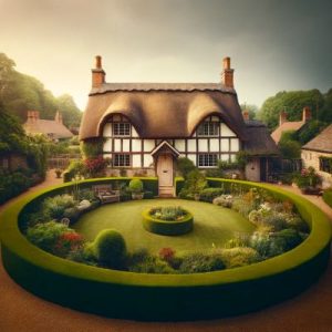 Traditional English cottage surrounded by a lush, circular garden, symbolising stability and legacy in estate planning.