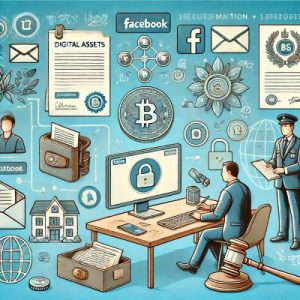 Digital Assets in Estate Planning Illustration Illustration of digital assets for estate planning, including a computer screen with a cryptocurrency wallet, social media icons, an email icon, a digital camera, and a document with a lock. A person consults with a professional at a desk.