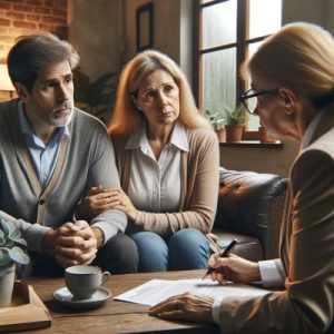 Beacon Advice Consultant Helping Grieving Couple with Probate Paperwork Beacon Advice consultant assisting a grieving couple in their late 50s with probate paperwork in a cosy home, featuring a framed picture of the deceased parent.