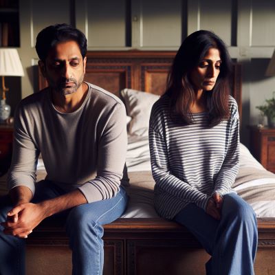 A British couple in their 40s sitting on opposite sides of a double bed, looking down and appearing slightly sad, symbolising separation.