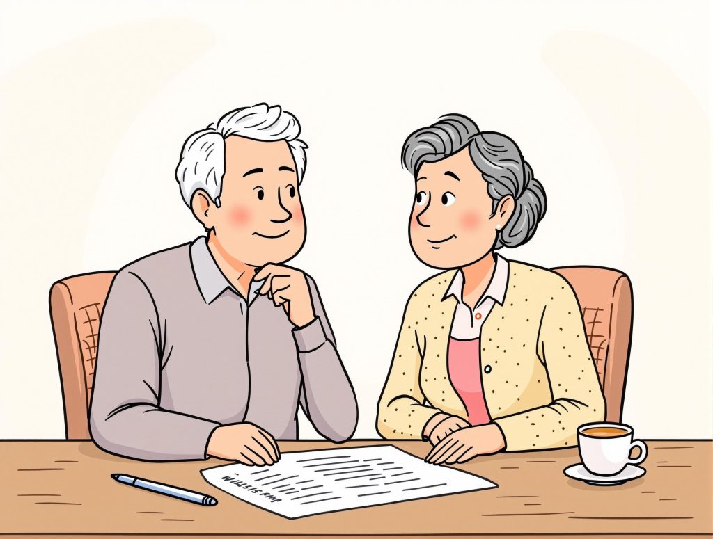 Cartoon of a middle-aged couple thoughtfully discussing wills and estate planning at their kitchen table.