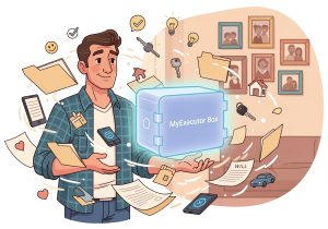 Cartoon-style executor surrounded by paperwork, keys, and a digital vault labelled MyExecutor Box, representing secure estate planning for families.