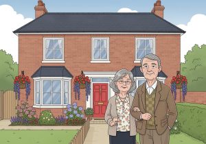 Retired British couple standing outside their home, symbolising property protection trust for safeguarding family legacy