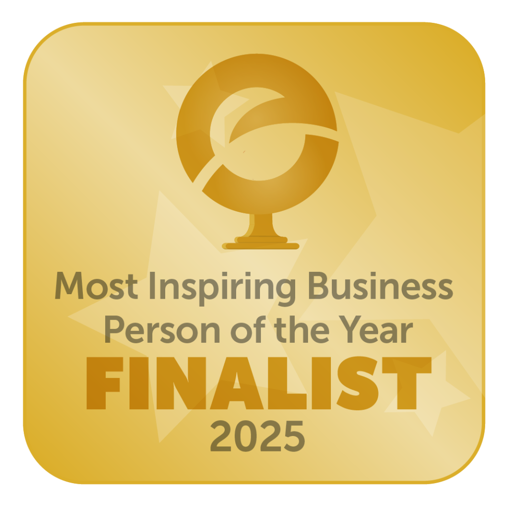 Gold badge reading "Most Inspiring Business Person of the Year FINALIST 2025"