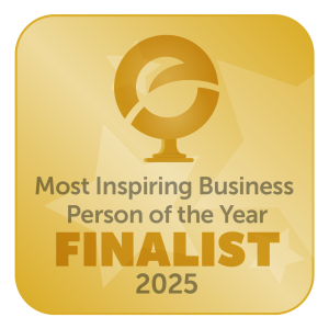 Gold badge reading "Most Inspiring Business Person of the Year FINALIST 2025"
