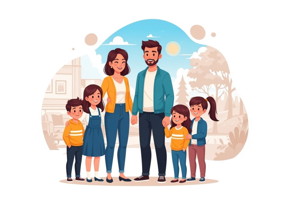Cartoon illustration of a blended family—man and woman standing together, each with their own children beside them—representing asset protection for modern families through a Flexible Life Interest Trust.