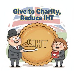 Cartoon illustration of a friendly British taxman handing a large sterling (£) slice of pie to a smiling charity character, with the rest of the pie labelled “IHT” and the text “Give to Charity, Reduce IHT.”