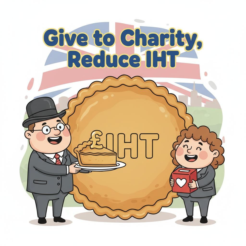 Cartoon illustration of a friendly British taxman handing a large sterling (£) slice of pie to a smiling charity character, with the rest of the pie labelled “IHT” and the text “Give to Charity, Reduce IHT.”