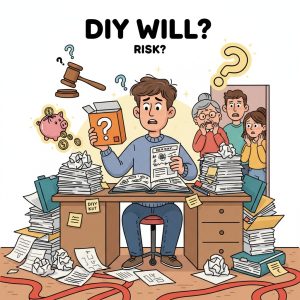 DIY Estate Planning: Confusion and Hidden Risks Cartoon of a confused person with DIY will kit, surrounded by paperwork and worried family, highlighting risks of DIY estate planning.