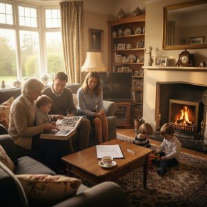 Multi-generational British family sitting together in a cosy living room, symbolising legacy and togetherness.