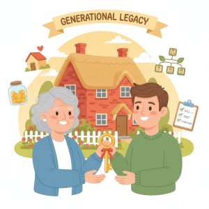 Cartoon of an older adult handing a golden key to a younger family member, with icons of a house, savings, and a checklist, symbolising inheritance planning.