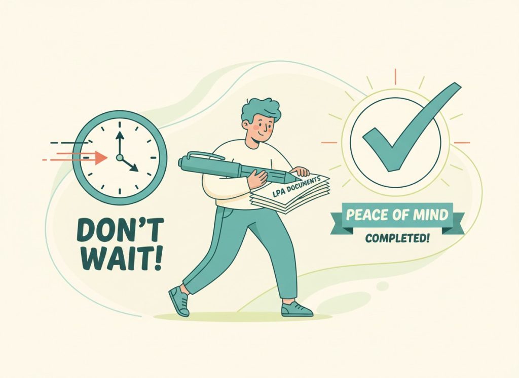 Cartoon illustration showing a person holding LPA documents with a clock and "Don't Wait" message, leading to a checkmark for peace of mind completed. Title: